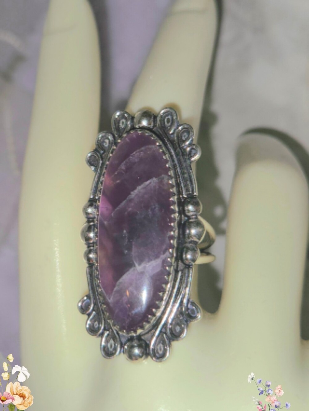 Natural Chevron Amethyst Gemstone Chunky Handmade Vintage Style Halo Ring - Picture 7 of 8